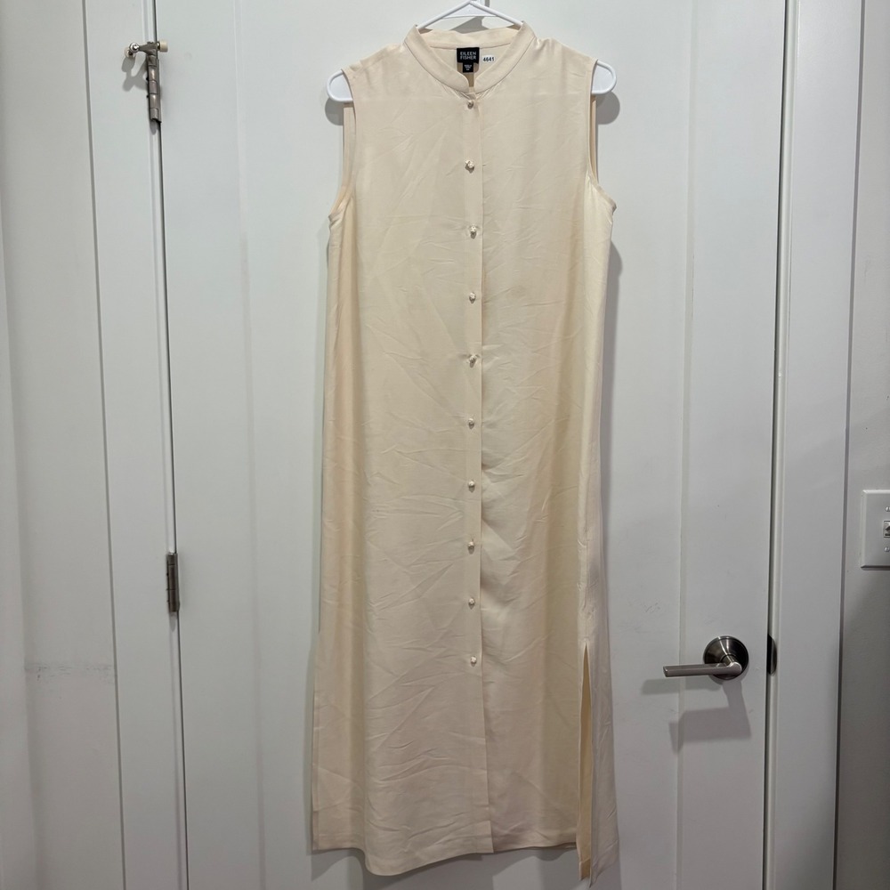 Eileen Fisher Womens Cream 100% Silk Sleeveless Button Front Maxi Dress Size M